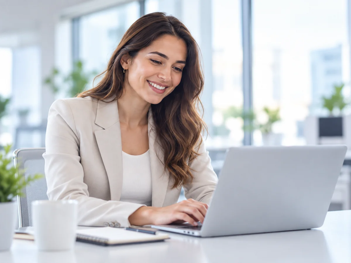 Profissional trabalhando em seu notebook, com rosto e cabeça inteiros no enquadramento