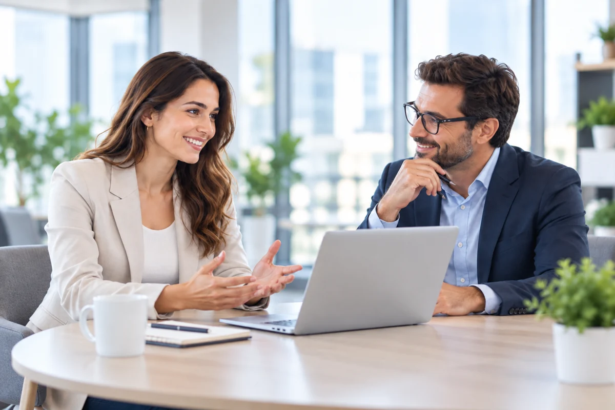 Profissional e recrutador conversando sobre uma oportunidade, com as duas cabeças inteiras