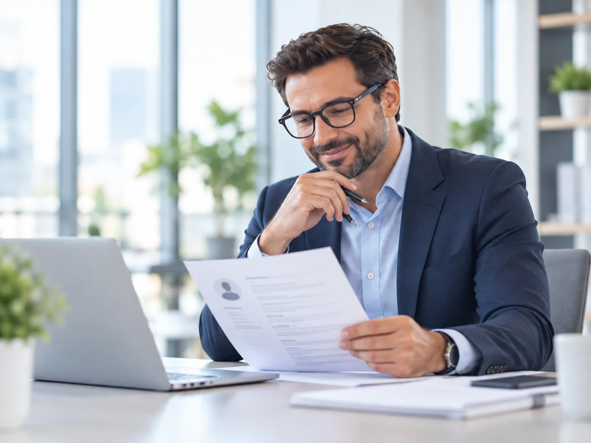 Recrutador analisando um currículo, com rosto e cabeça inteiros no enquadramento